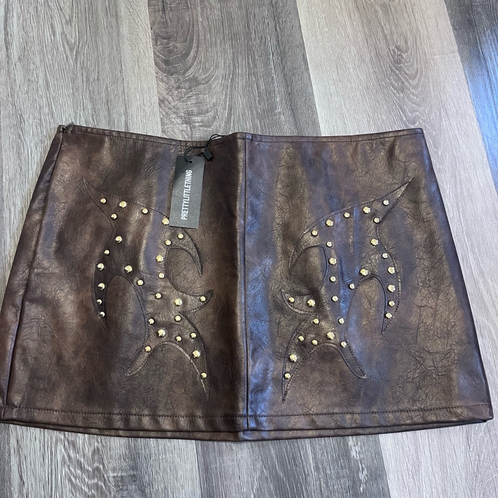 PrettyLittleThing Brown Faux Leather Studded Mini Skirt